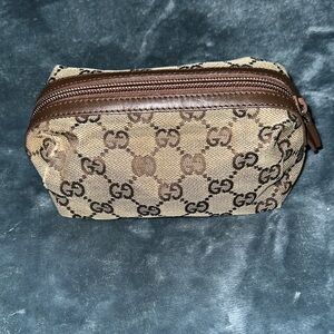Gucci Tan and Brown Monogram cosmetic/Toiletry Bag damaged